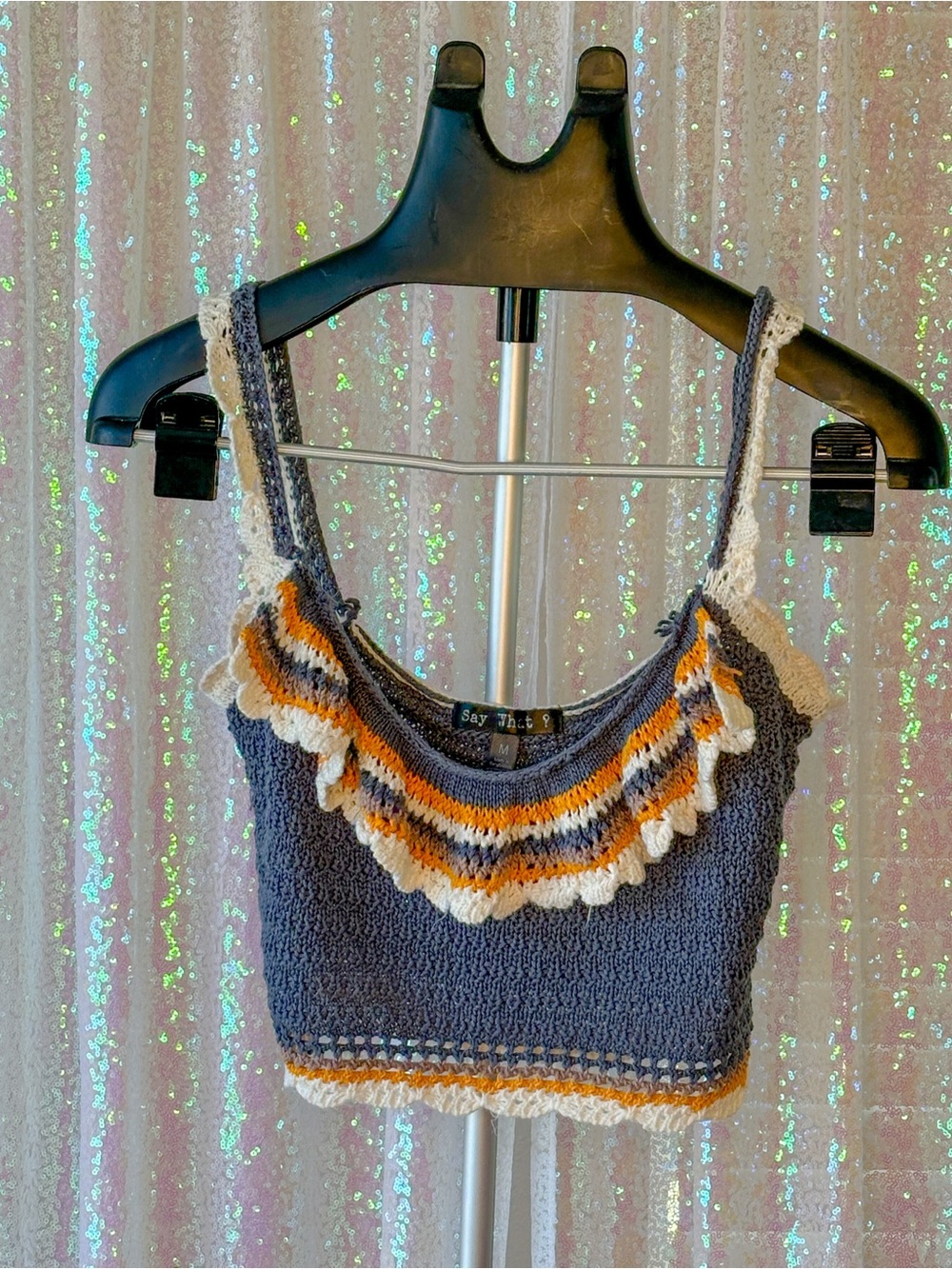 Say What? Navy Crochet Ruffle Crop Tank with White & Orange Trim